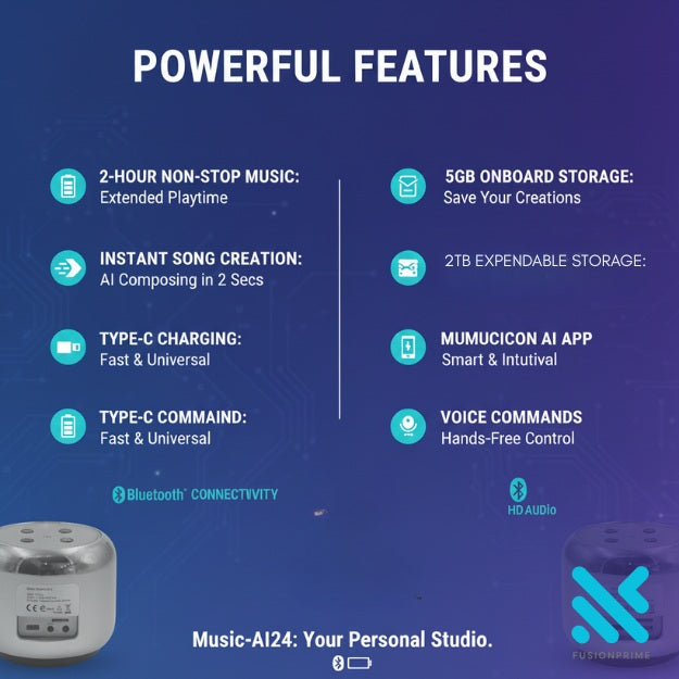 FusionPrime Pepo Mini Speaker FP110, Portable AI Song Generator, Powered by Musicon AI, Bluetooth, 5GB Storage, 2-Hr Playtime, Type-C Charging Fusion Prime