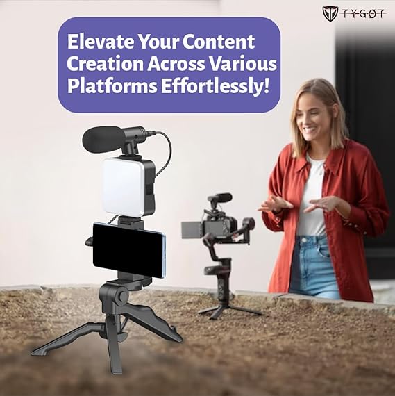 Fusion Prime SnapPro T-6.1 Vlogging Kit 6-in-1 for iPhone & Android | Mini LED Light, Cardioid Microphone, Adjustable Tripod Stand, Phone Clip & Cold Shoe Mount – Perfect for YouTube, Instagram Reels, Live Streaming & Video Calls Fusion Prime