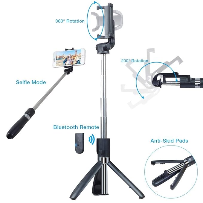 Fusion Prime SnapX 3-in-1 Bluetooth Extendable Selfie Stick with Wireless Remote & Tripod Stand | Multifunctional Selfie Stick Tripod Compatible with All Smartphones (Black) Fusion Prime