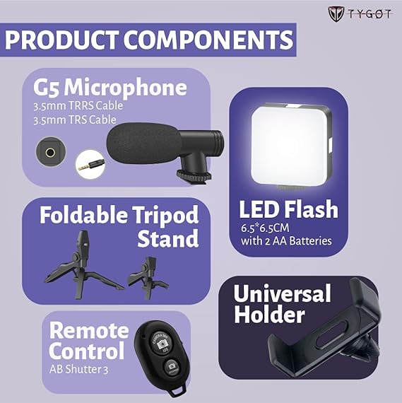 Fusion Prime SnapPro T-6.1 Vlogging Kit 6-in-1 for iPhone & Android | Mini LED Light, Cardioid Microphone, Adjustable Tripod Stand, Phone Clip & Cold Shoe Mount – Perfect for YouTube, Instagram Reels, Live Streaming & Video Calls Fusion Prime