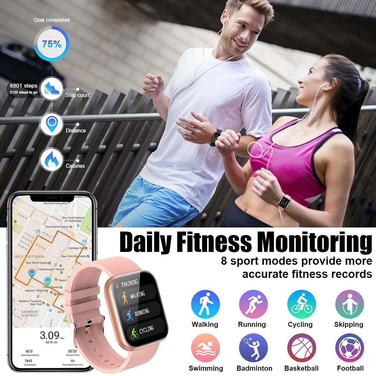 Fusion Prime TimeX D20 Plus Smartwatch | Fitness Tracker, Heart Rate & Sleep Monitor, IP68 Waterproof, Android/iOS (Pink) Fusion Prime