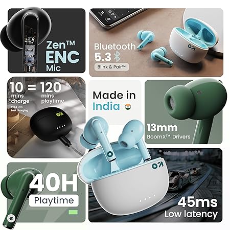 Fusion Prime SonicPods W20 True Wireless in-Ear Earbuds | 40H Playtime, ENC Mic for HD Calls, 45ms Ultra Low Latency Gaming Mode, 13mm Bass Boost Drivers, Type-C Fast Charging, IPX5 Water Resistant Touch Control TWS (Glacier Blue) Fusion Prime