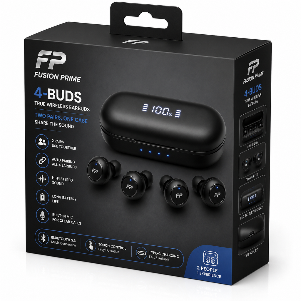 Fusion Prime DuoPods 4 – True Wireless Bluetooth Earbuds with 4 Earbuds & 1 Charging Case, Dual User Audio Sharing, Bluetooth 5.3, ENC Calling, 40H Playtime, Touch Control, Type-C Fast Charging (Black)