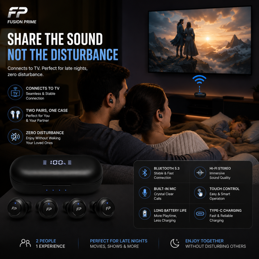 Fusion Prime DuoPods 4 – True Wireless Bluetooth Earbuds with 4 Earbuds & 1 Charging Case, Dual User Audio Sharing, Bluetooth 5.3, ENC Calling, 40H Playtime, Touch Control, Type-C Fast Charging (Black)