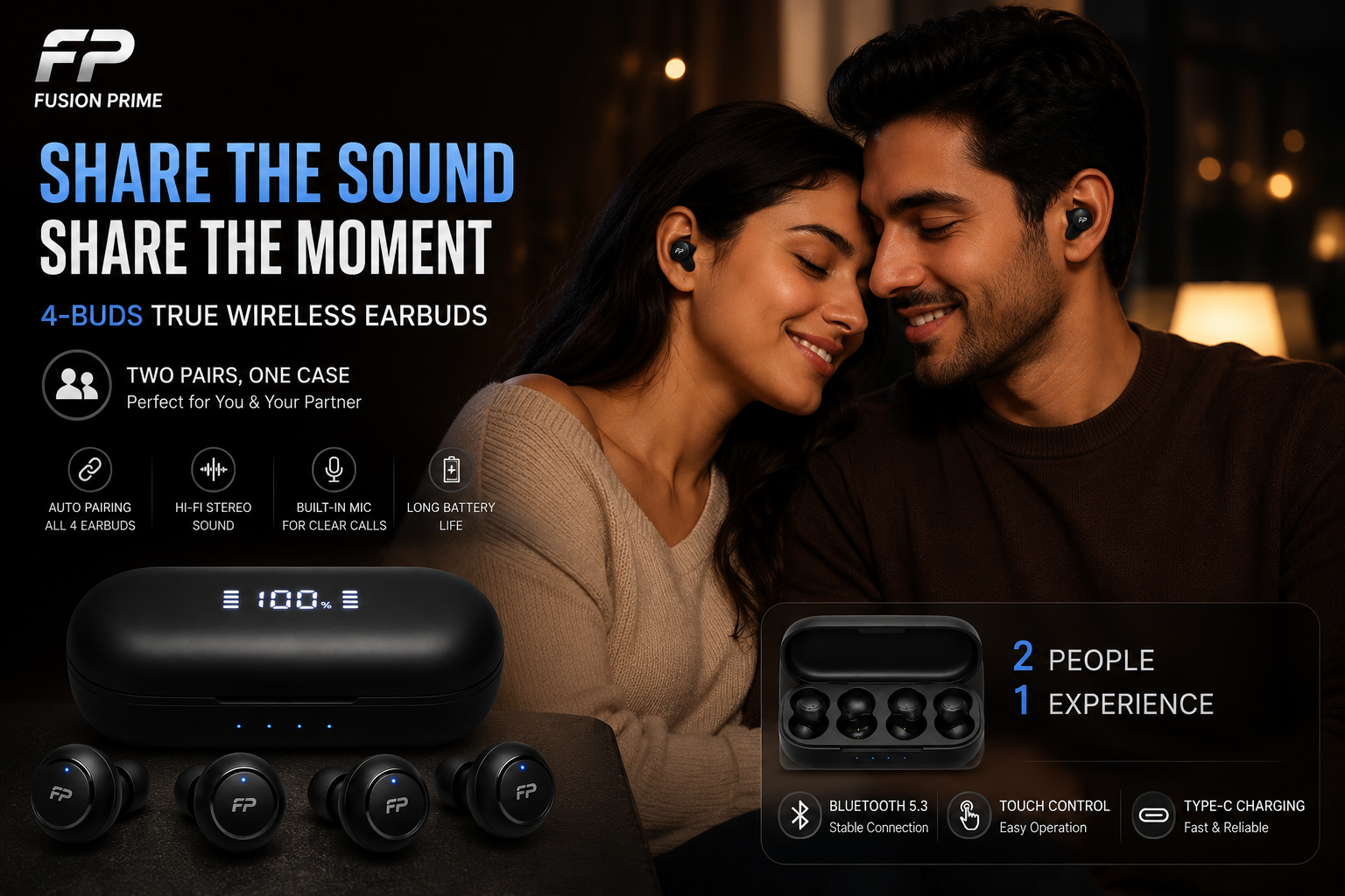 Fusion Prime DuoPods 4 – True Wireless Bluetooth Earbuds with 4 Earbuds & 1 Charging Case, Dual User Audio Sharing, Bluetooth 5.3, ENC Calling, 40H Playtime, Touch Control, Type-C Fast Charging (Black)