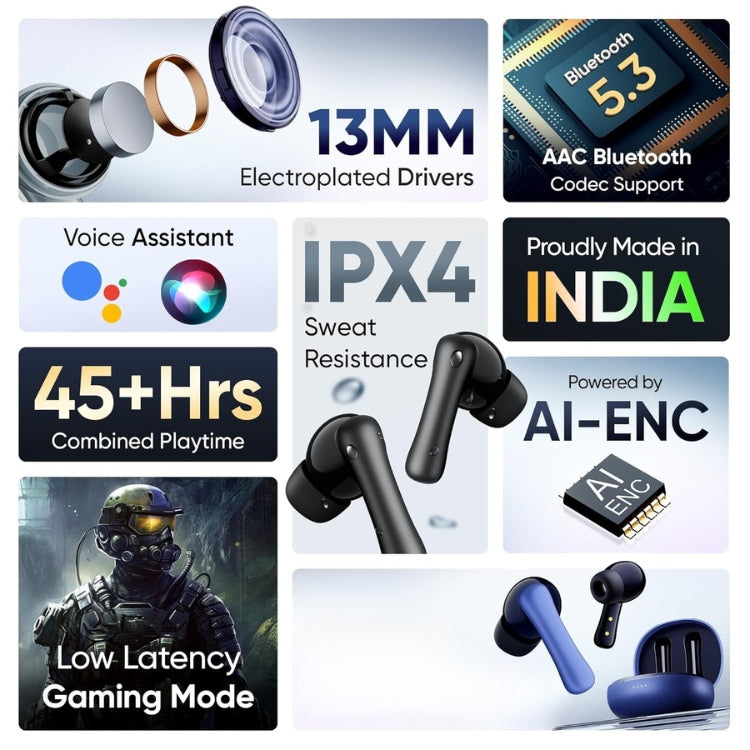 Fusion Prime SonicPods Z1 True Wireless Earbuds – 45H+ Playtime, 13mm Bass Boost Drivers, HD Clear Calls, Fast Type-C Charging, IPX4 Sweat & Splash Resistant, Bluetooth v5.3 in-Ear Buds with Deep Bass & Lightweight Design Fusion Prime