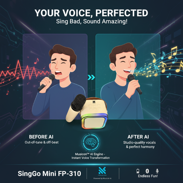 SingGo Mini FP-310 | AI Smart Portable Speaker with Musicon App | Instant Song & Music Composition | Bluetooth 5.1 | Built-in Voice Assistant | 10GB Storage | 360° Sound | Wireless Mic Included | Up to 2 Hours Playback | 1-Year Warranty Fusion Prime